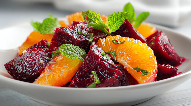 A vibrant salad featuring beetroot and orange segments, garnished with fresh mint leaves for a refreshing and colorful dish.