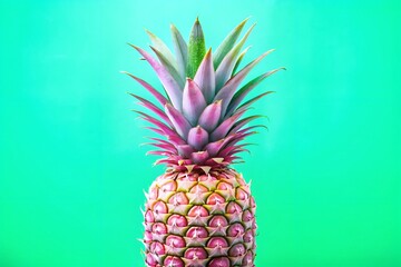 Vibrant pineapple with purple and green crown against a bright teal background