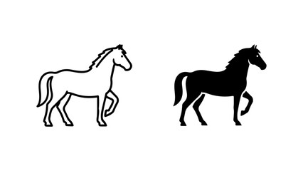 Stylized Black and White Horse Icons: Outline and Silhouette in Profile