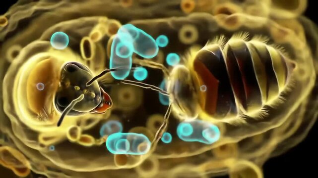 Inside a honeybee&rsquo;s gut, a macro lens uncovers symbiotic bacteria glowing faintly under polarized light, helping the insect digest nectar