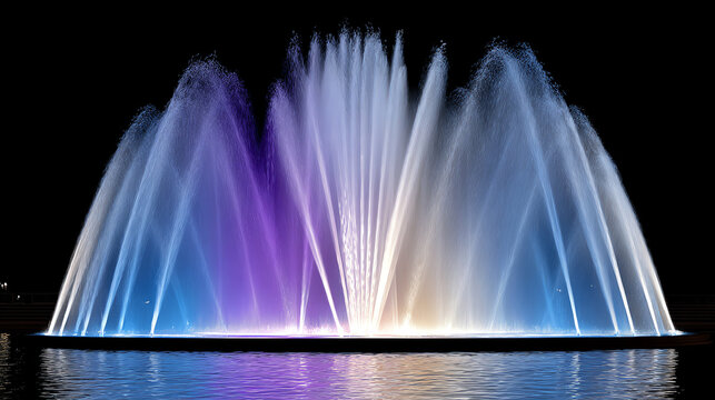 A vibrant water fountain illuminated with colorful lights, creating a mesmerizing display at night, perfect for relaxation and inspiration.