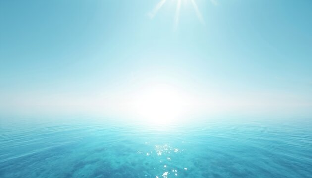 Vast blue ocean with light blue sky, horizon line. Sun in top right corner casts warm glow, contrast between colors. Bird eye view from high angle, serene scene of calm water and clear sky. - Powered by Adobe