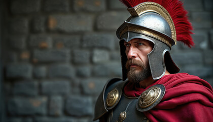 Fototapeta premium Serious Roman soldier in full armor, red cape. Warrior shows strength, determination, courage, leadership. Historical figure stands with dignity against brick wall. Ideal for Roman Empire, military