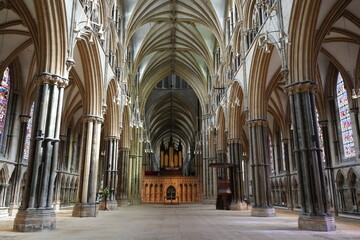 Lincoln, Lincolnshire, England – August 21 2025: Interior view of Gothic architecture at Lincoln...