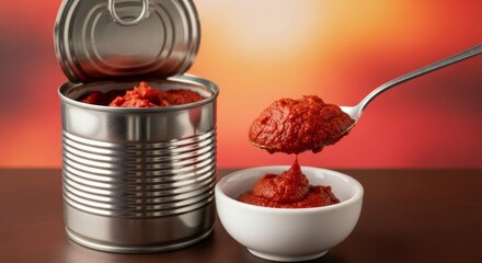 An open can of tomato paste a spoon lifting paste and a bowl of paste all against an orange  red gradient backdrop on a brown surface