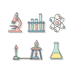 Illustration of scientific laboratory equipment including a microscope, test tubes, atom model, bunsen burner and Erlenmeyer flask.