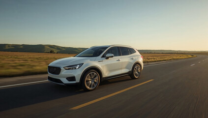 White SUV Driving at Sunset