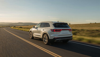 Fototapeta premium White SUV Driving at Sunset