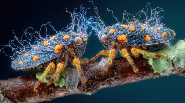 Fantastically shaped treehoppers with electrical charge visualizations surrounding their uniquely evolved bodies