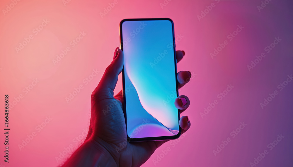 Fototapete close-up of hand holding smartphone with vibrant display. modern device connects to cyberspace and g