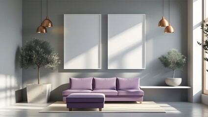 Modern Living Room Interior: Lavender Sofa, Olive Trees, Copper Pendant Lights, Blank Canvas Artwork, Minimalist Design.