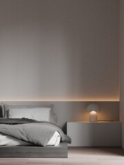 Modern Minimalist Bedroom Interior with Grey Bed, White Pillows, and Cozy Ambient Lighting - 3d Render

