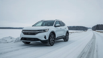 White SUV in Snow Road
