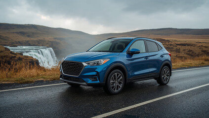 Fototapeta premium Blue SUV by Waterfall