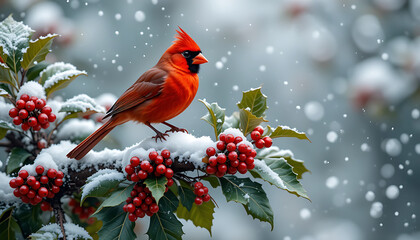 A vibrant red cardinal perches gracefully on a snowcovered holly branch adorned with bright red berries, surrounded by gently falling snowflakes in a serene winter scene