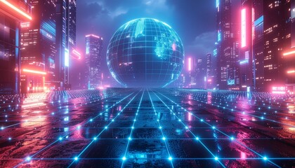 Futuristic Neon Grid Background with Glowing Blue and Purple Lines