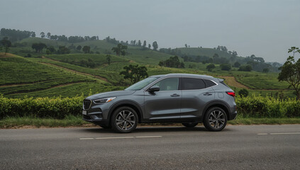 Fototapeta premium Gray SUV with Scenic Hillside