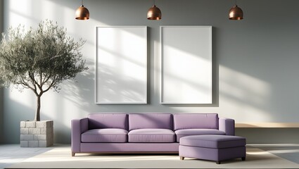 Modern Living Room Interior: Lavender Sofa, Olive Tree, Blank Canvas Mockup, Sunlit Minimalist Design.