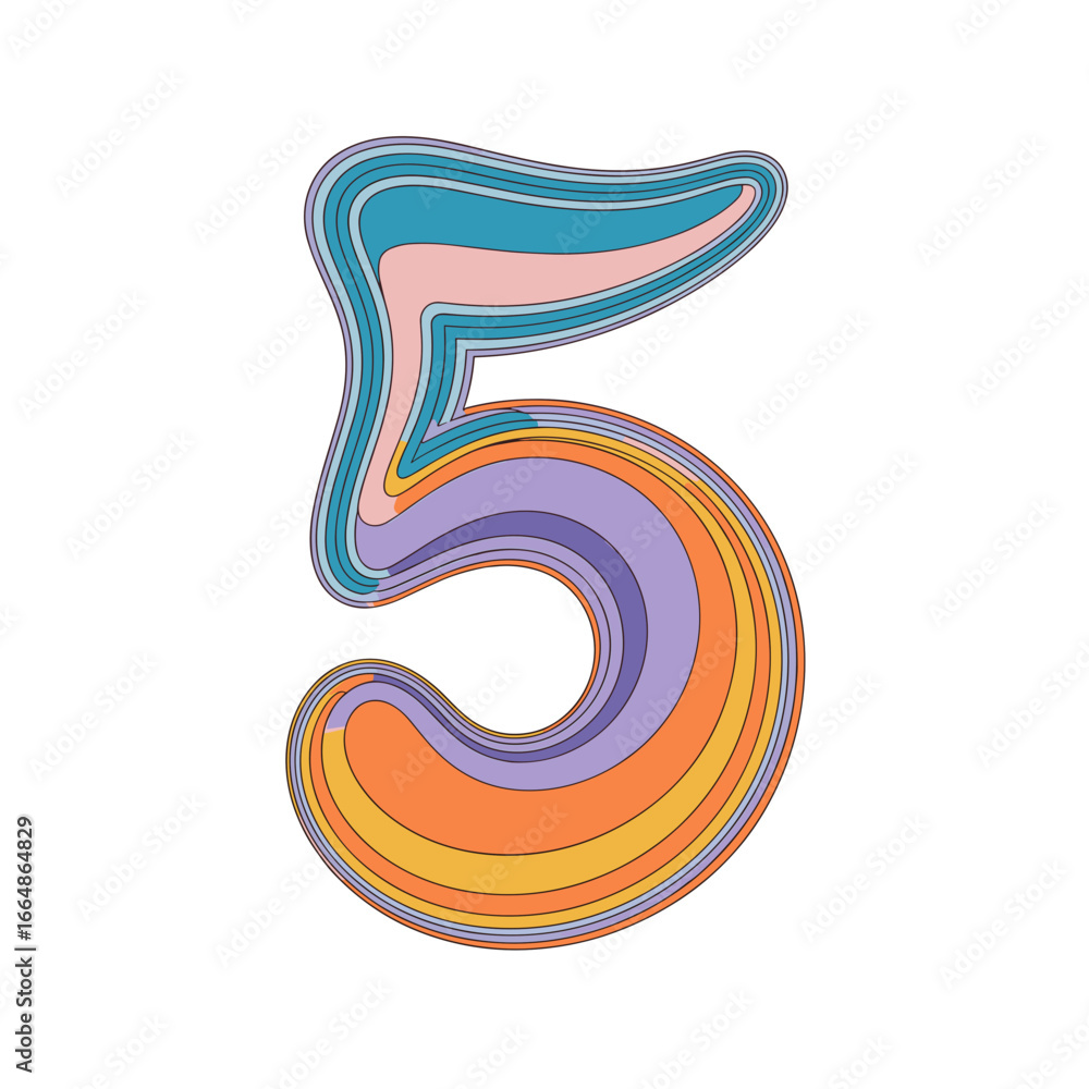 Poster psychedelic number 5 with curved lines in vibrant colors on white background