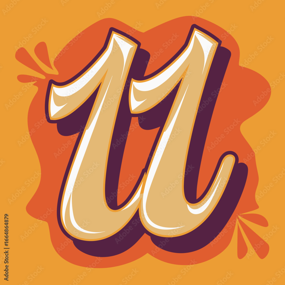 Poster cursive number 11 with shadow on vibrant orange background with shapes
