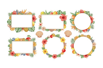 Tropical fruit and flower decorative frames and borders with blank space for text vector