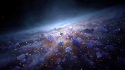 Vibrant amethyst crystals scatter across a cosmic expanse, glowing in twilight hues