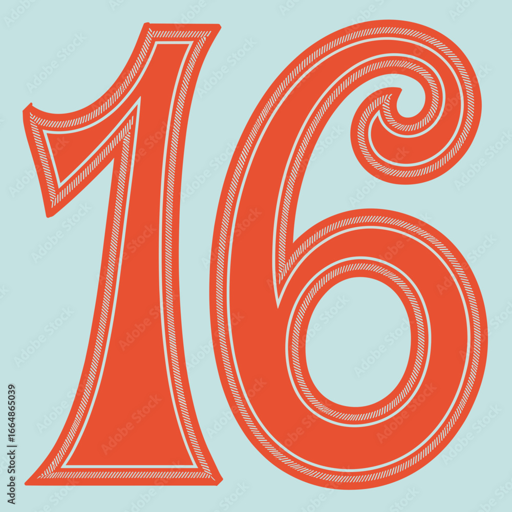 Aufkleber groovy orange number 16 in cursive script on light blue background