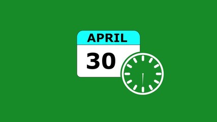 30 APRIL month calendar icon with symbol. Simple calendar icon animation and date change of time month. Calendar icon Sign on GREEN background. Calendar Pendulum Animation