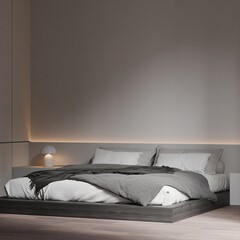 Modern Minimalist Bedroom Interior with Grey Bed, White Pillows, and Cozy Ambient Lighting - 3d Render
