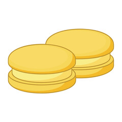 Two yellow macarons with cream filling on a white background french pastry