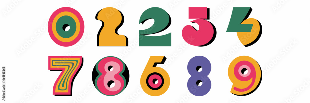 Poster groovy number icons 0–9 with unique retro designs on white background