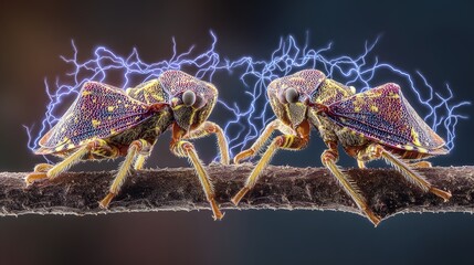 Fototapeta premium Fantastically shaped treehoppers with electrical charge visualizations surrounding their uniquely evolved bodies