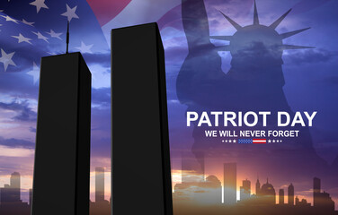 Twin Towers silhouette with USA flag and Statue of Liberty. American Patriot Day banner. September 11, 2001. We will never forget