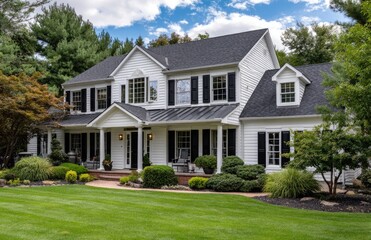 a large, two-story house with black shutters and green grass in front of it, surrounded by trees on the right side