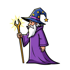 Obraz premium PNG- 2D vector wizard character with a tall pointed hat, long flowing robe, and glowing staff