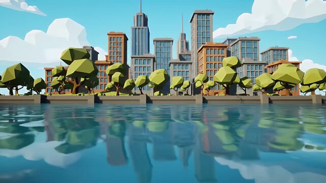 Low Poly Cityscape Reflection in Water Under Bright Blue Sky With Clouds and Green Trees
