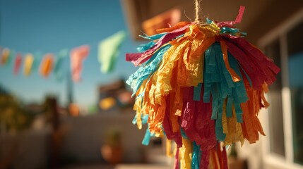 Colorful piñata hanging outdoors with festive decorations in background  