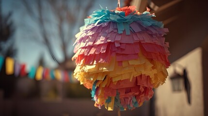 Colorful pinata hanging outdoors with party decorations in background  