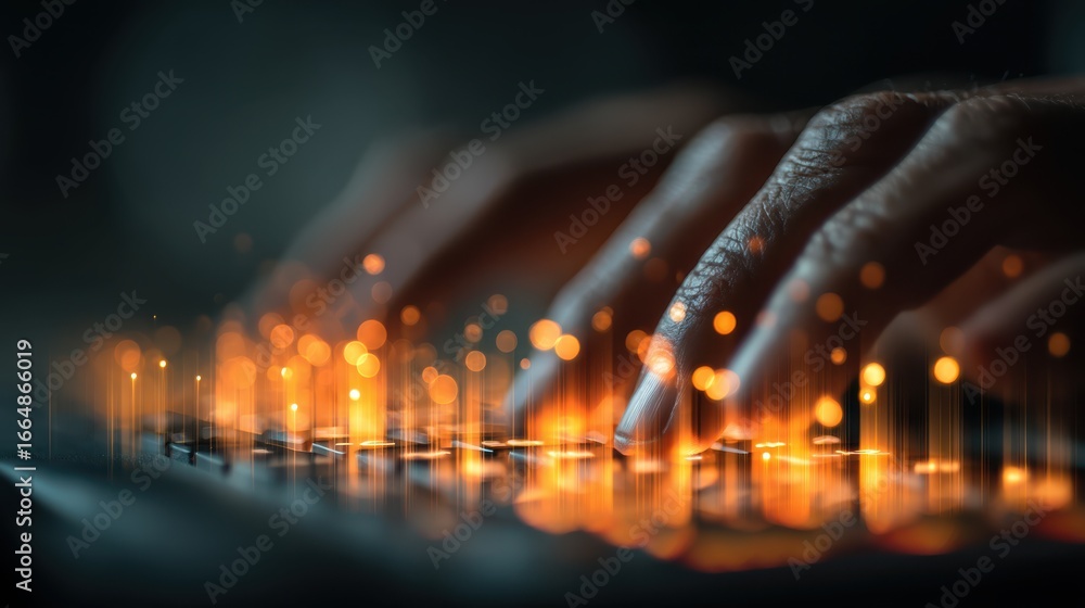 Poster a close-up of hands typing on a keyboard, illuminated by glowing effects, suggesting creativity and 