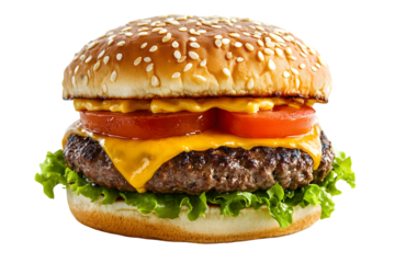 A close up shot of a burger with sesame seeds on the bun, cheese, tomato, lettuce and meat patty on transparent background