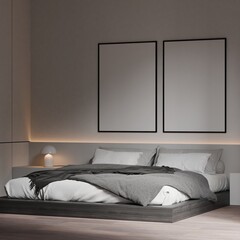 Frame Poster Mockup on Modern Minimalist Bedroom Interior with Grey Bed, White Pillows, and Cozy Ambient Lighting - 3d Render

