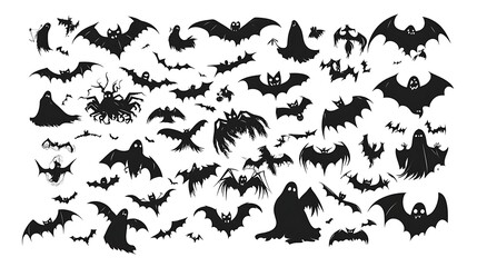 Halloween black silhouettes collection with ghosts pumpkins and bats isolated on white vector