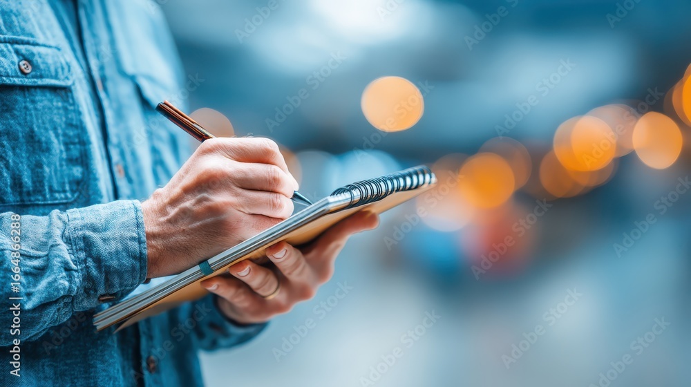 Poster a person writing in a notebook, captured in a blurred background with soft bokeh lights, suggesting 