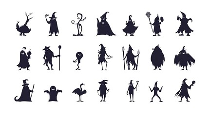 Set of halloween black icons with spooky character silhouettes isolated on white vector