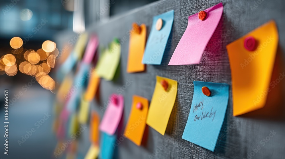 Poster a colorful array of sticky notes on a wall, featuring various messages and reminders, creating a vib