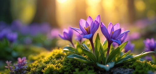 Purple crocuses bloom in sunlit garden. Delicate purple petals unfurl with yellow centers, bathed in warm golden light. Green foliage, moss create vibrant natural scene, evoking spring renewal,
