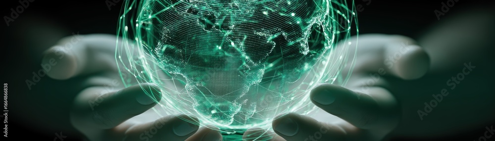 Poster a glowing digital globe illustrating migration pathways, symbolizing ai technology and global connec