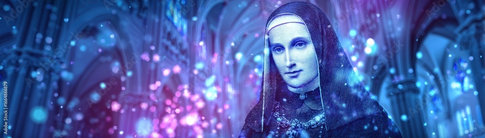 Poster a glowing cathedral wall illuminated by cabrini's holographic design, showcasing a blend of technolo