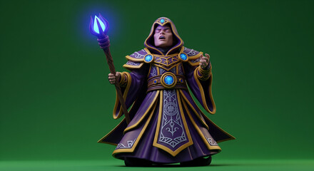 Fototapeta premium Mystical mage casting a spell with a glowing staff against a green background