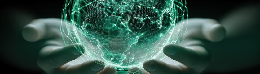 A glowing digital globe illustrating migration pathways, symbolizing AI technology and global connectivity Ideal for tech and innovation themes, Frances Xavier Cabrini Day with AI